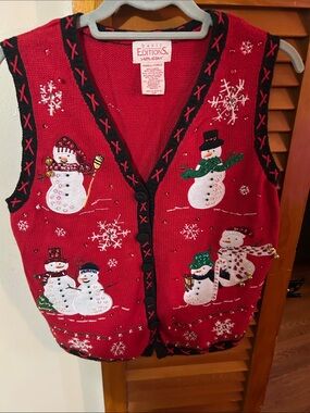 Basic Editions Red Snowman Sequin Holiday Vest